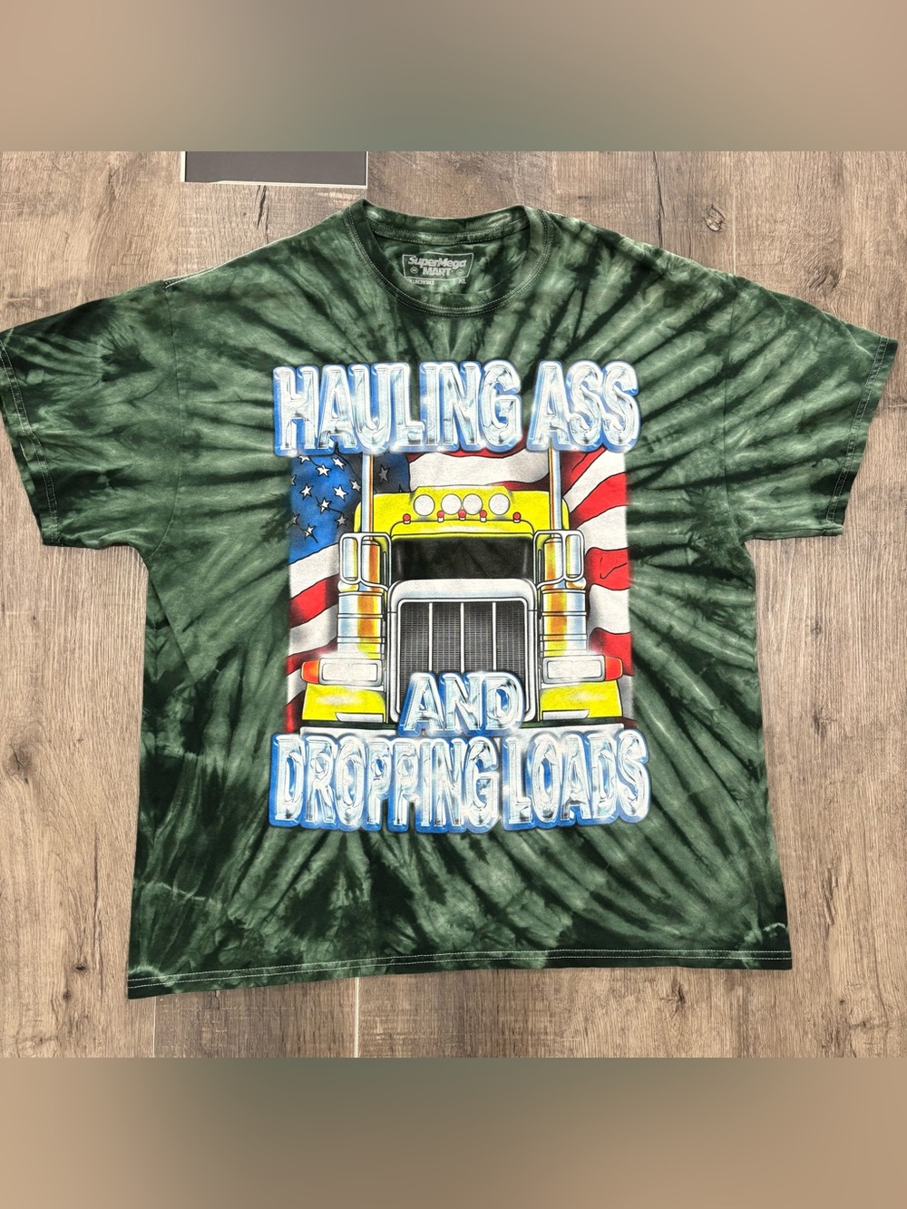 SuperMega Mart “Hauling Ass & Dropping Loads” Green Tie-Dye TShirt, Size XL, GUC